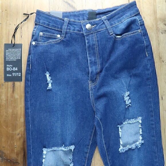 B.O.B SKINNY HIGH WAIST STRETCH DISTRESSED DARK WASH BLUE JEANS NWT - Picture 8 of 12